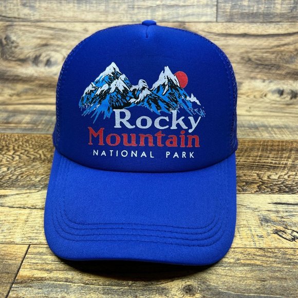 Rocky Mountain National Park Mens Trucker Hat Blue Snapback Colorado Retro Cap - Picture 2 of 8